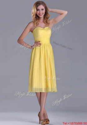 Discount Pleated Yellow Chiffon Prom Dress in Tea Length