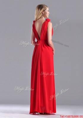 Elegant Deep V Neckline Red Dama Dress with Hand Crafted Flowers