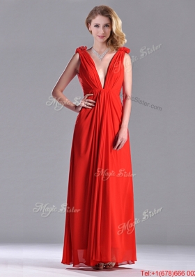 Elegant Deep V Neckline Red Dama Dress with Hand Crafted Flowers