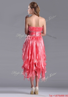 Elegant Strapless High Low Beaded Decorated Waist Christmas Party Dress in Coral Red