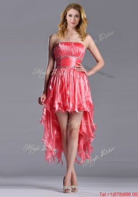 Elegant Strapless High Low Beaded Decorated Waist Christmas Party Dress in Coral Red