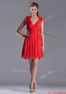 Exclusive V Neck Criss Cross Dama Dress with Ruching and Bowknot