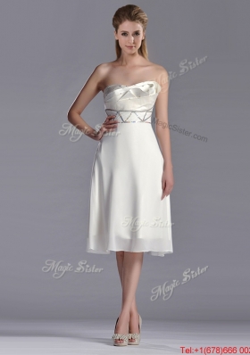 Fashionable Beaded Decorated Waist Chiffon Bridesmaid Dress in Tea Length