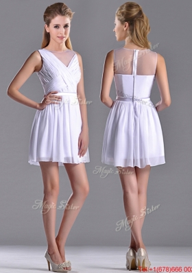 Fashionable See Through Scoop White Dama Dress with Ruching