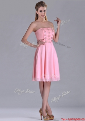 Latest Side Zipper Strapless Pink Short Christmas Party Dress with Beaded Bodice