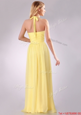 Lovely Halter Top Chiffon Ruched Long Bridesmaid Dress in Yellow