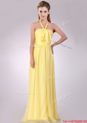 Lovely Halter Top Chiffon Ruched Long Bridesmaid Dress in Yellow