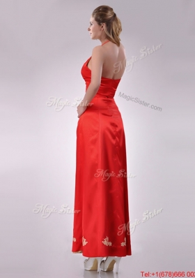 Modest Column Halter Top Backless Red Christmas Party Dress with Appliques