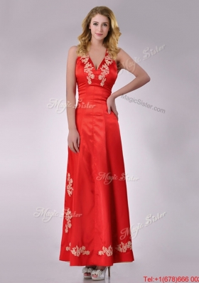 Modest Column Halter Top Backless Red Christmas Party Dress with Appliques