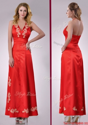 Modest Column Halter Top Backless Red Christmas Party Dress with Appliques
