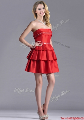 New Arrivals Red Strapless Prom Dress with Ruffled Layers and Beading