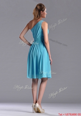 Popular Chiffon Baby Blue Knee Length Bridesmaid Dress with One Shoulder