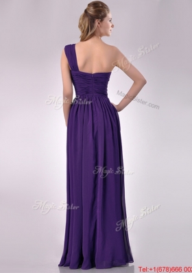 Popular Empire Beaded and Ruched Dark Purple Bridesmaid Dress with One Shoulder