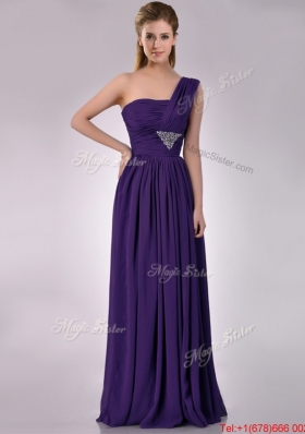 Popular Empire Beaded and Ruched Dark Purple Bridesmaid Dress with One Shoulder