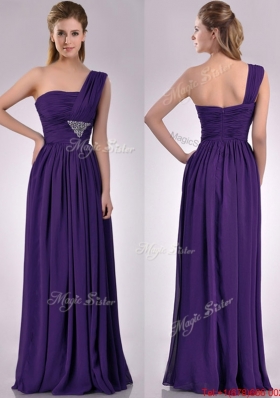 Popular Empire Beaded and Ruched Dark Purple Bridesmaid Dress with One Shoulder