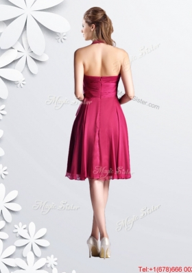 Popular Halter Top Chiffon Coral Red Bridesmaid Dress with Ruching