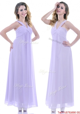Popular Ruched Decorated Bust Ankle Length Bridesmaid Dress in Lavender