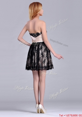 Popular Strapless Black Short Bridesmaid Dress with Lace and Belt