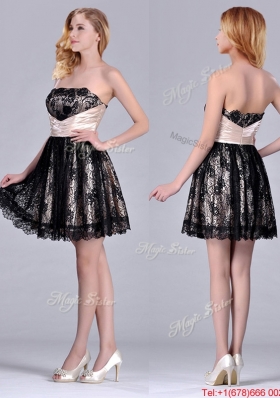 Popular Strapless Black Short Bridesmaid Dress with Lace and Belt
