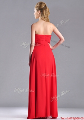 Popular Strapless Chiffon Red Bridesmaid Dress with Beading and Ruching