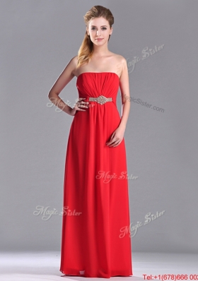 Popular Strapless Chiffon Red Bridesmaid Dress with Beading and Ruching