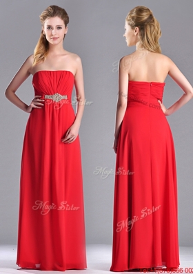 Popular Strapless Chiffon Red Bridesmaid Dress with Beading and Ruching