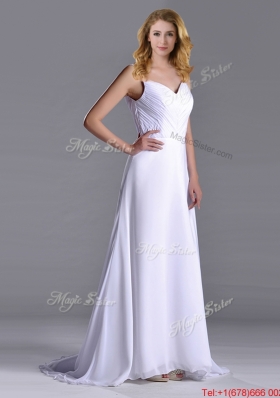 Popular Straps White Chiffon Christmas Party Dress with Brush Train