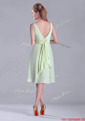 Popular Tea Length Ruched and Belted Bridesmaid Dress in Yellow Green