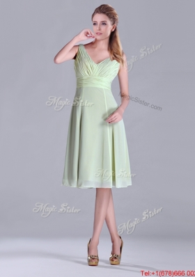 Popular Tea Length Ruched and Belted Bridesmaid Dress in Yellow Green