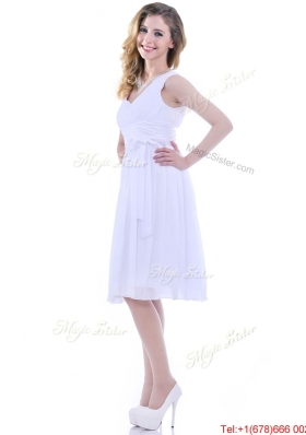 Popular V Neck Knee Length Chiffon Bridesmaid Dress with Bowknot