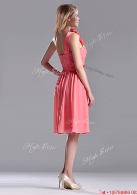 Popular Watermelon Bridesmaid Dress with Hand Made Flowers Decorated One Shoulder