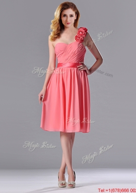 Popular Watermelon Bridesmaid Dress with Hand Made Flowers Decorated One Shoulder