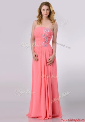 Watermelon Empire Strapless Chiffon Beading Long Christmas Party Dress for Graduatio