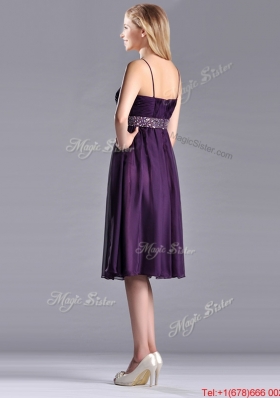 Modest Spaghetti Straps Beaded Chiffon Short Dama  Dress in Purple