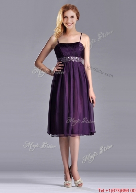 Modest Spaghetti Straps Beaded Chiffon Short Dama  Dress in Purple