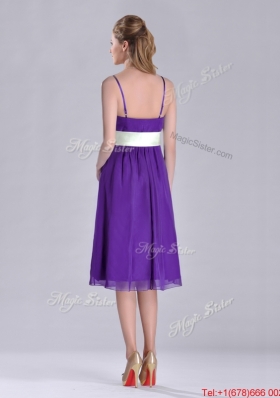 Romantic Spaghetti Straps Belted Eggplant Purple Dama  Dress in Tea Length