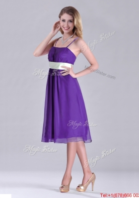 Romantic Spaghetti Straps Belted Eggplant Purple Dama  Dress in Tea Length