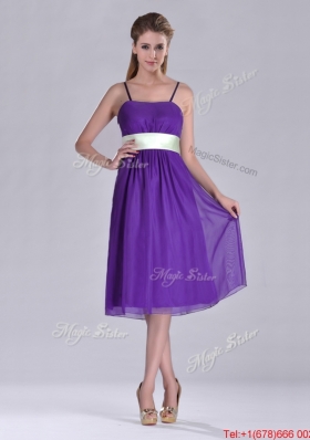 Romantic Spaghetti Straps Belted Eggplant Purple Dama  Dress in Tea Length