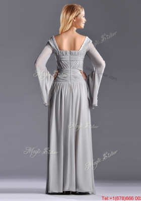 Classical Square Beaded and Ruched  Mother Dress with Long Sleeves