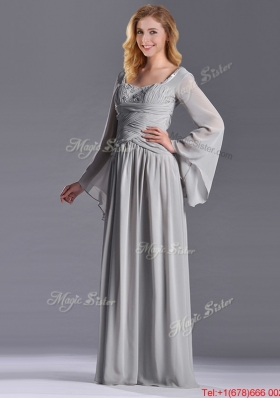 Classical Square Beaded and Ruched  Mother Dress with Long Sleeves