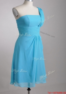 Elegant One Shoulder Ruched Chiffon Dama Dress in Aqua Blue