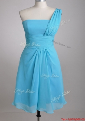 Elegant One Shoulder Ruched Chiffon Dama Dress in Aqua Blue