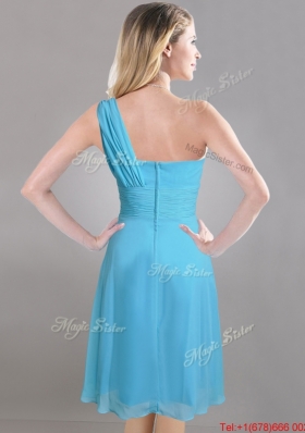 Elegant One Shoulder Ruched Chiffon Dama Dress in Aqua Blue