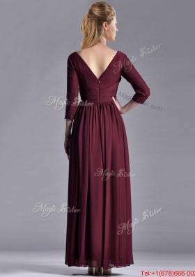 Latest Beaded V Neck Burgundy Mother Dress with Three Fourth Length Sleeves