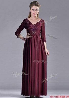 Latest Beaded V Neck Burgundy Mother Dress with Three Fourth Length Sleeves