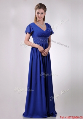 Low Price V Neck Beaded Blue Long Mother Dress with Short Sleeves