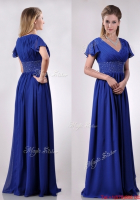 Low Price V Neck Beaded Blue Long Mother Dress with Short Sleeves