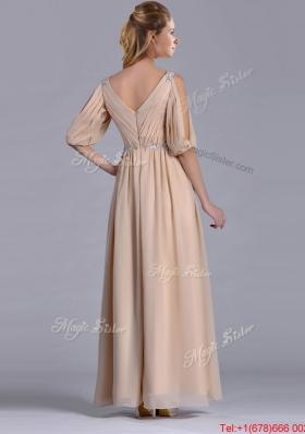 Most Popular Beaded and Ruched V Neck Long Mother Dress in Champagne