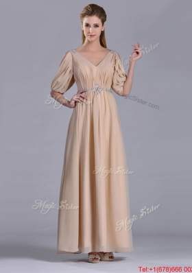 Most Popular Beaded and Ruched V Neck Long Mother Dress in Champagne