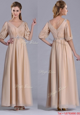 Most Popular Beaded and Ruched V Neck Long Mother Dress in Champagne